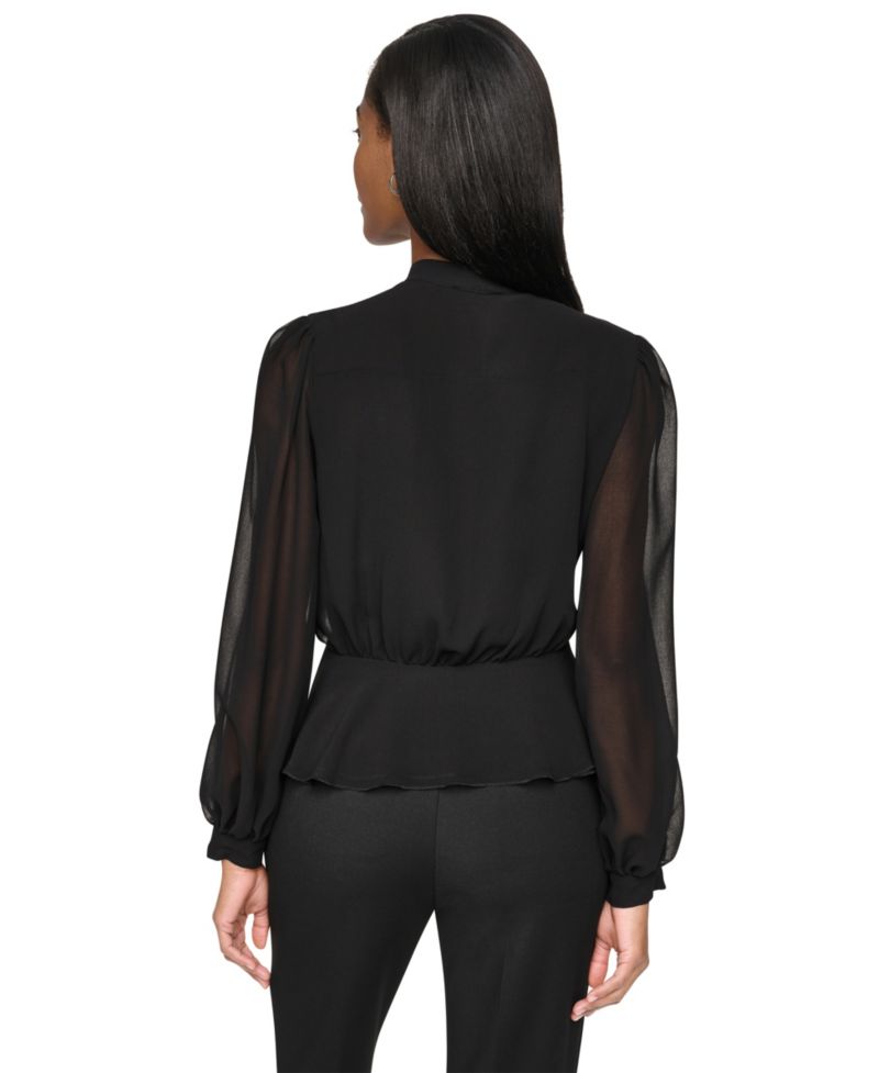 Women's Tie Neck Peplum Long-Sleeve Blouse