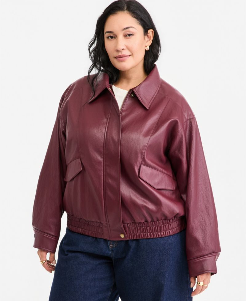 Plus Size Long-Sleeve Faux Leather Bomber Jacket