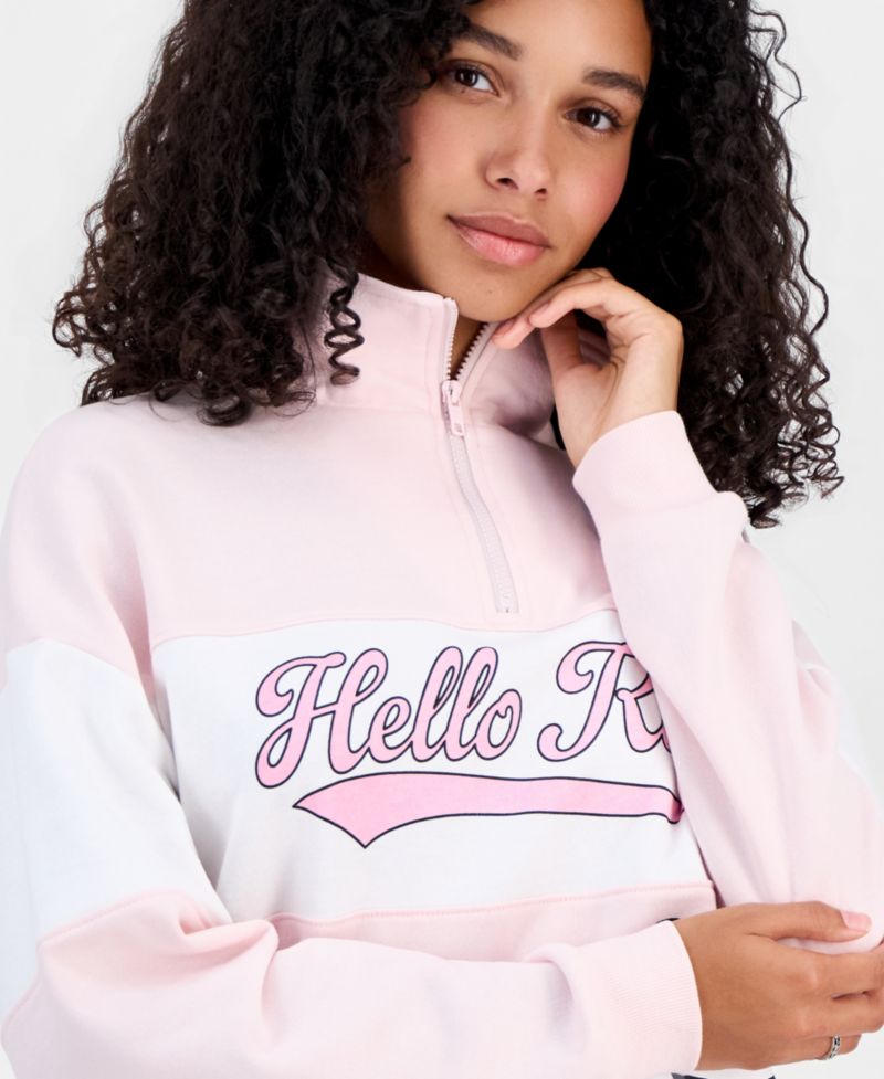 Juniors' Hello Kitty Varsity Quarter-Zip Fleece Pullover Sweatshirt