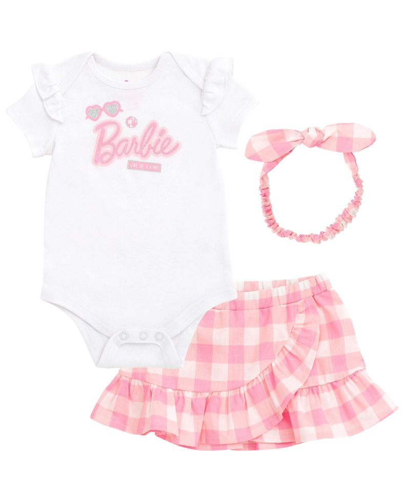 Baby Girls Bodysuit Ruffle Skirt and Bow Headband 3 Piece Outfit Set Newborn to
