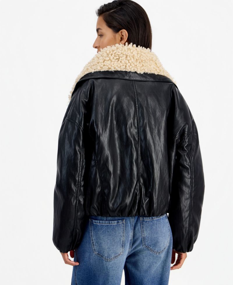 Women's Sherpa-Lined Faux Leather Moto Bomber Jacket