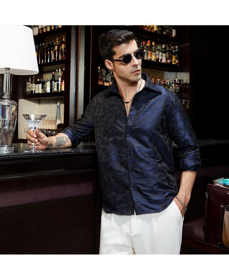 Men's Navy Blue Abstract-Woven Shirt