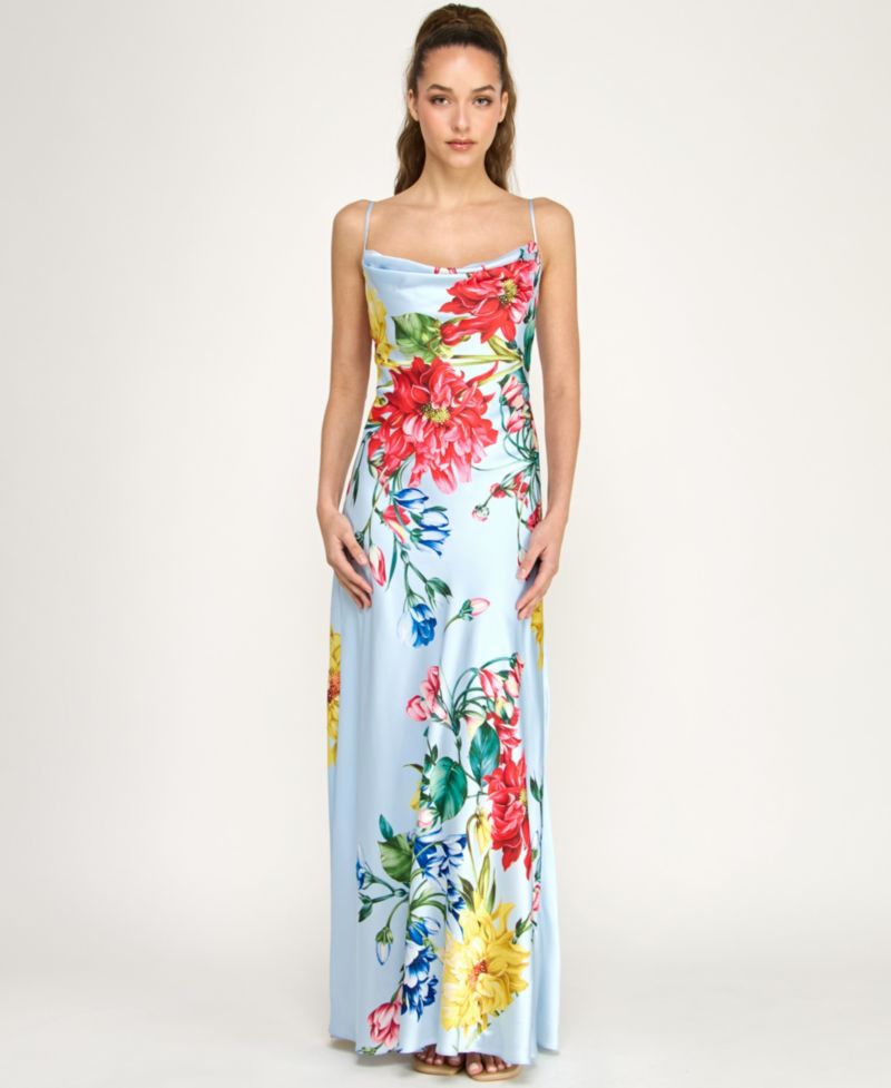 Juniors' Cowl Neck Printed Spaghetti Straps Satin Gown