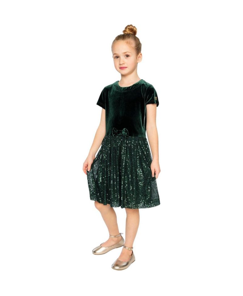 Girls (6-14) Bi-Material Short Sleeve Dress with Glittering Skirt