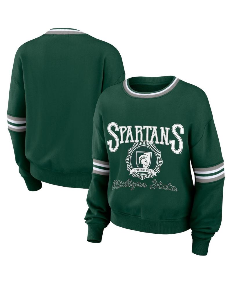 Women's Forest Green Distressed Michigan State Spartans Vintage-Like Pullover Sweatshirt