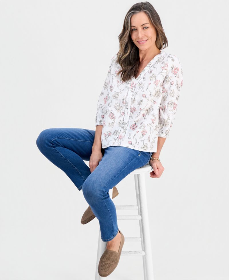 Petite Cotton Gauze Printed 3/4-Sleeve Top