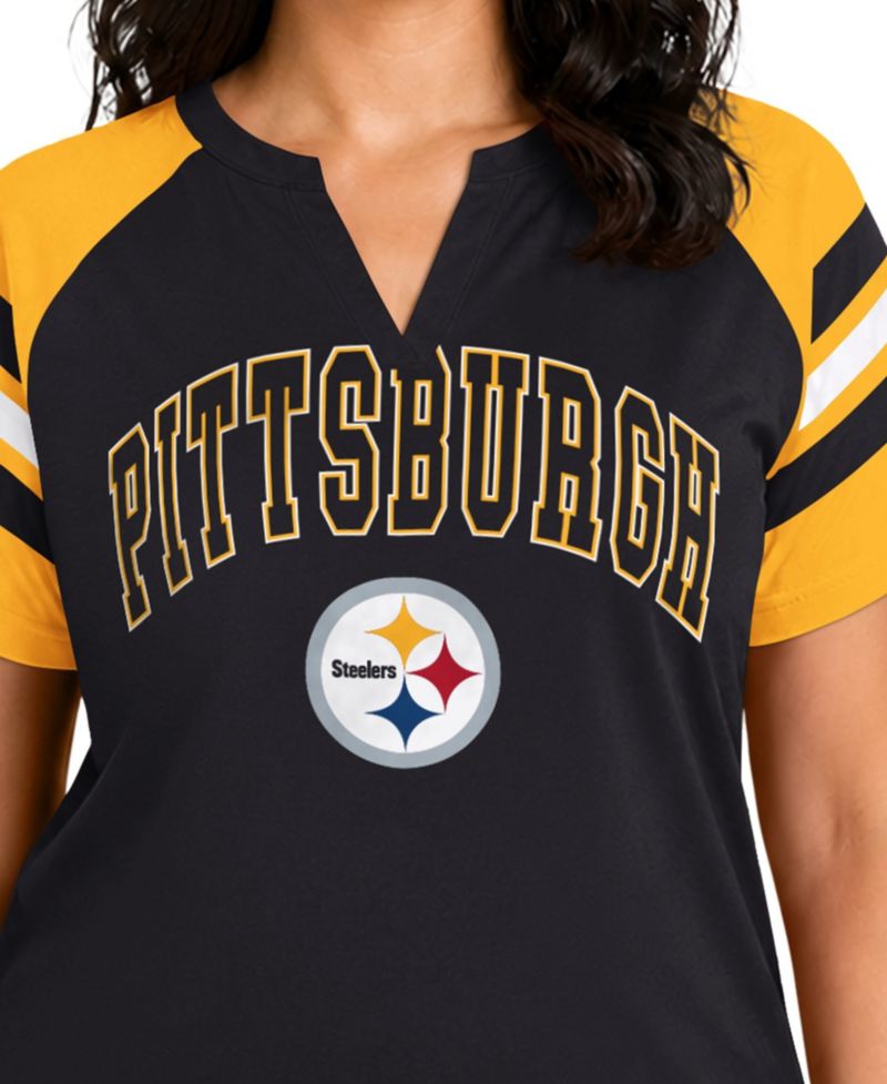 Women's Black Pittsburgh Steelers Plus Size Game On Notch Neck Raglan T-Shirt