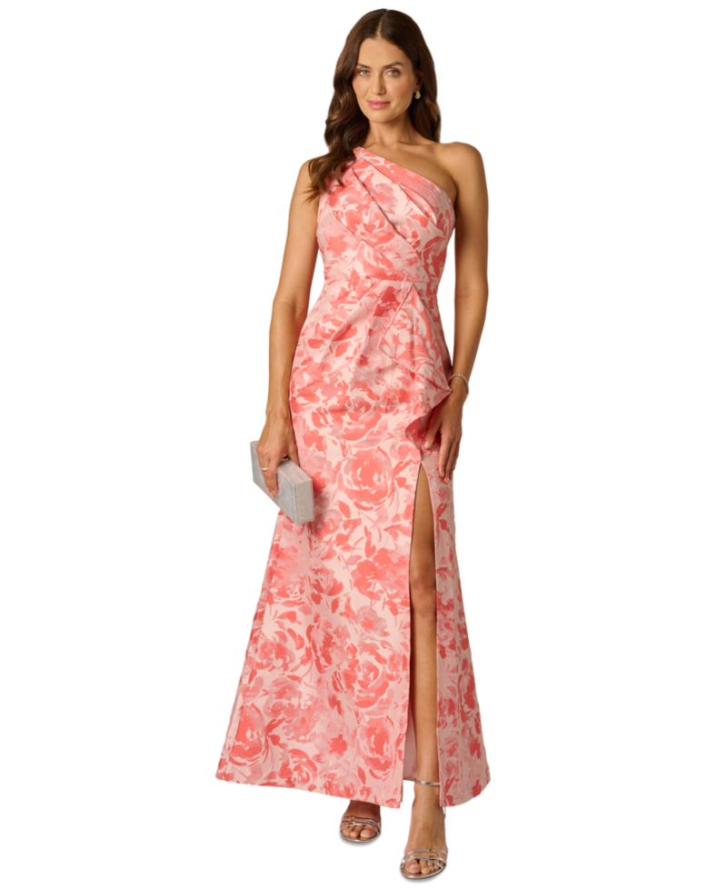 Women's One-Shoulder Floral Jacquard Draped Gown