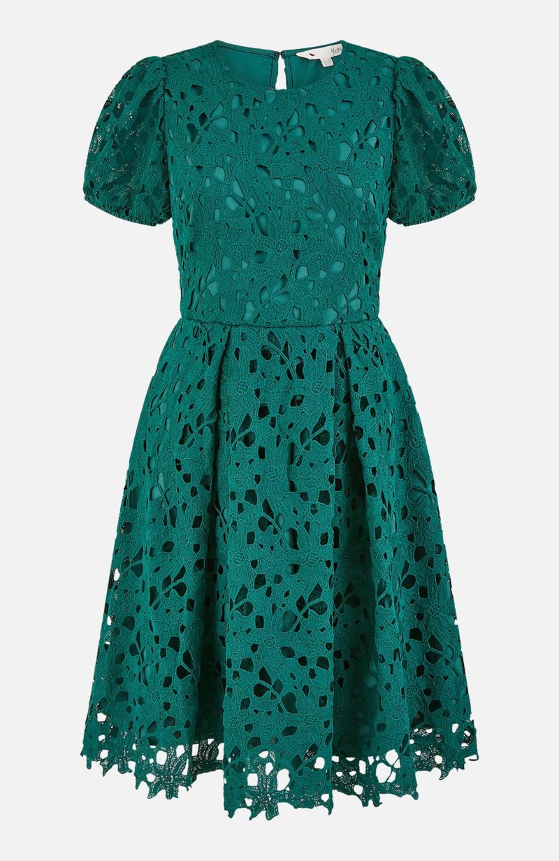 Women's Lace Puff Sleeve Fit Flare Mini Dress