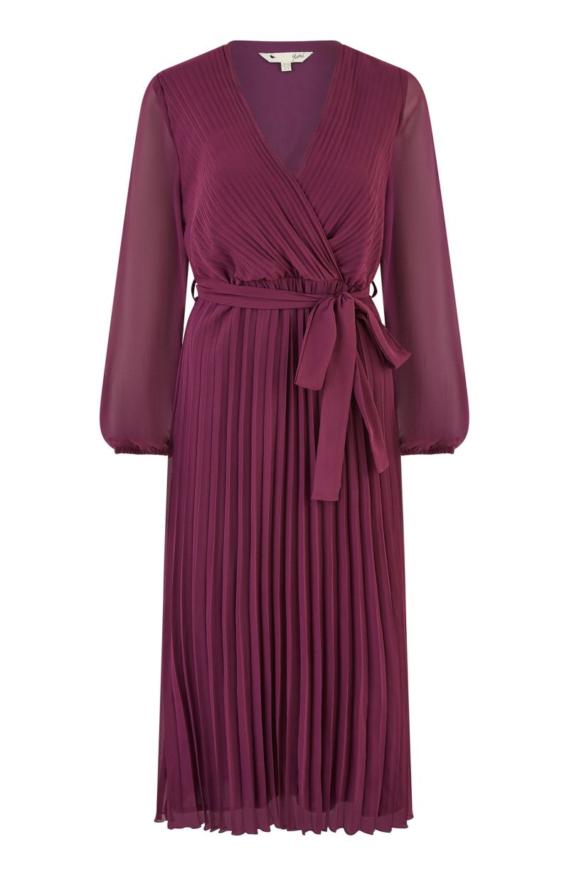 Women's Long Sleeved Pleated Midi Wrap Dress
