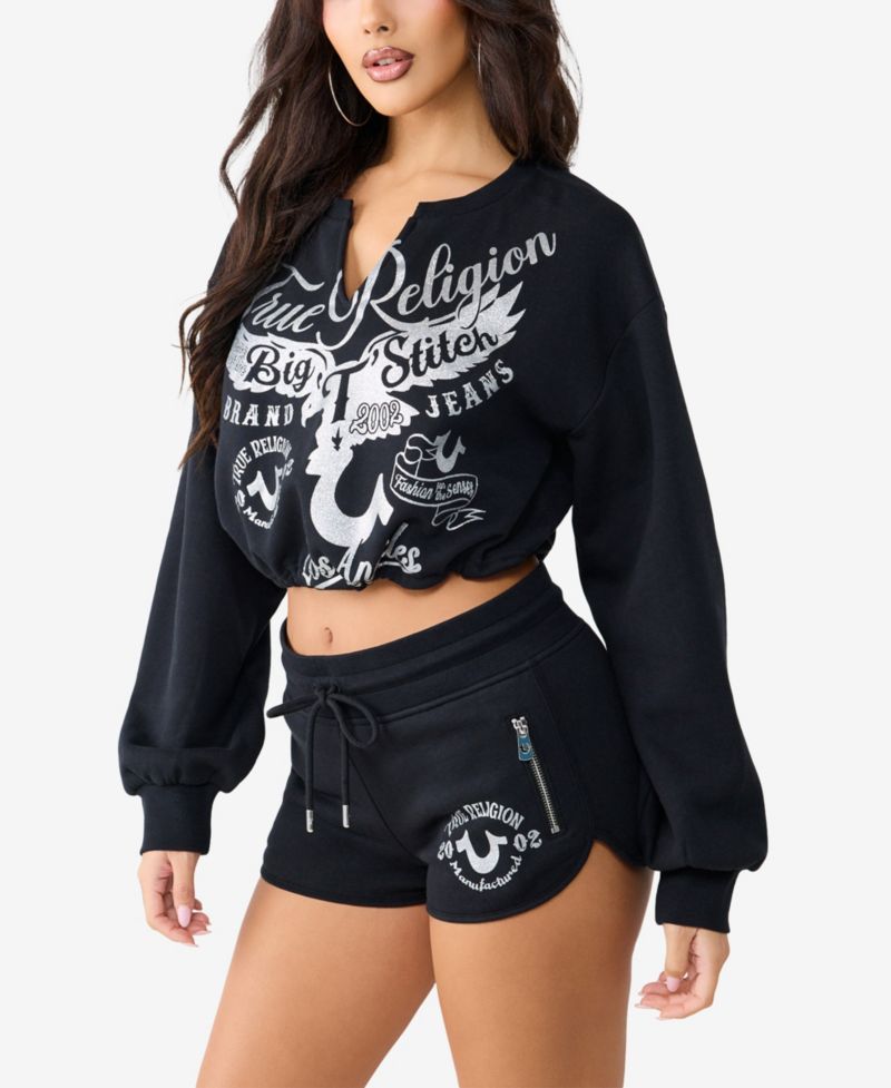 Women's V-Notch Pullover Cropped Long-Sleeve Print Top