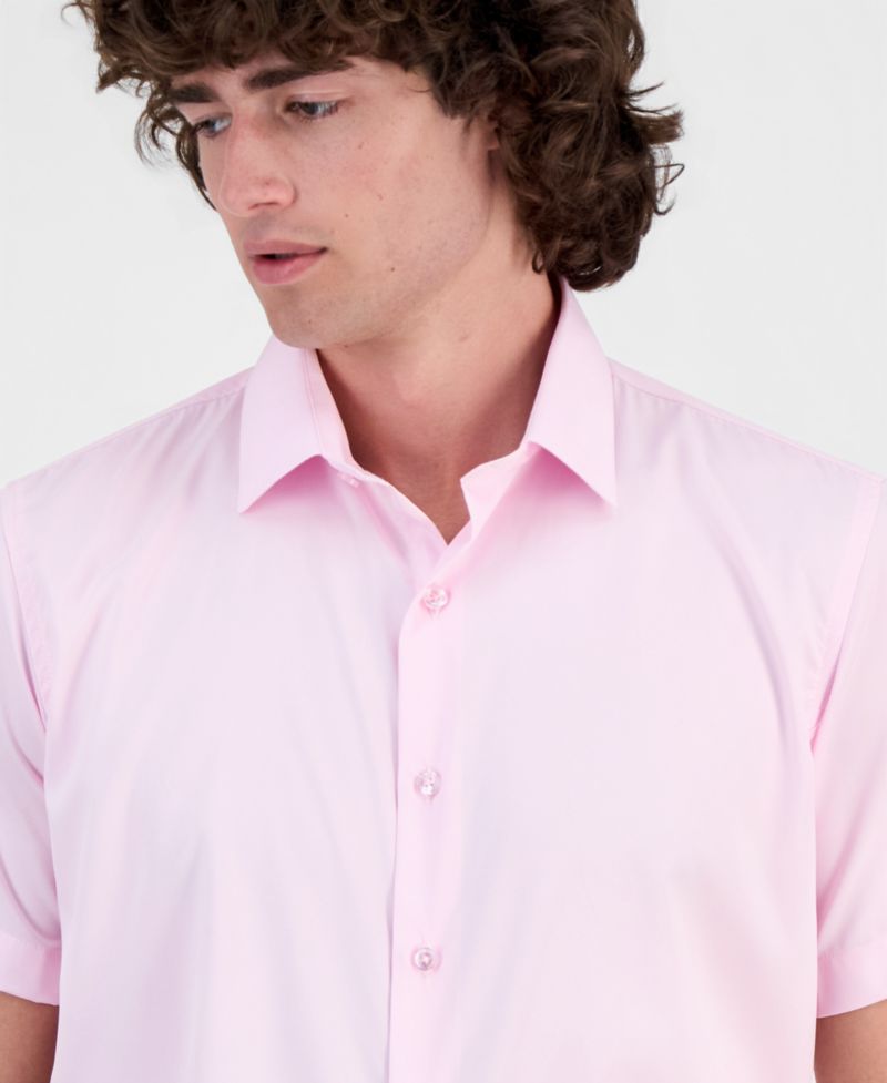 Men's Slim-Fit Four-Way Stretch Solid Short-Sleeve Dress Shirt
