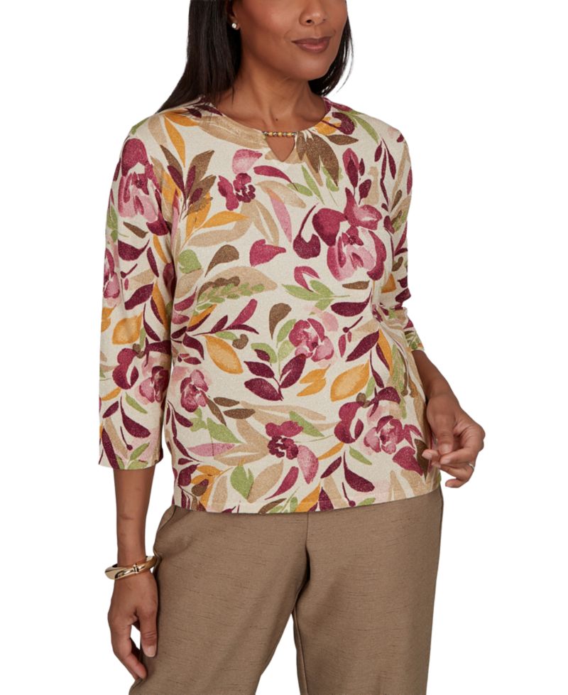 Women's Union Square Floral Painterly Print Shimmer Sweater