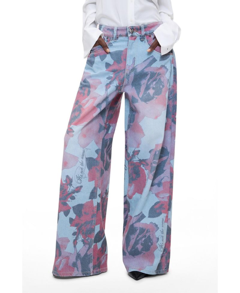 Women's Floral-Print High-Waisted Wide-Leg Jeans