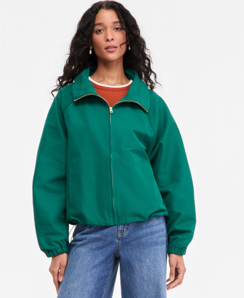 Women's Funnel-neck Ruched-Sleeve Bubble Hem Jacket