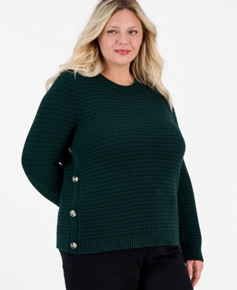 Plus Crewneck Ribbed-Knit Side-Button Sweater