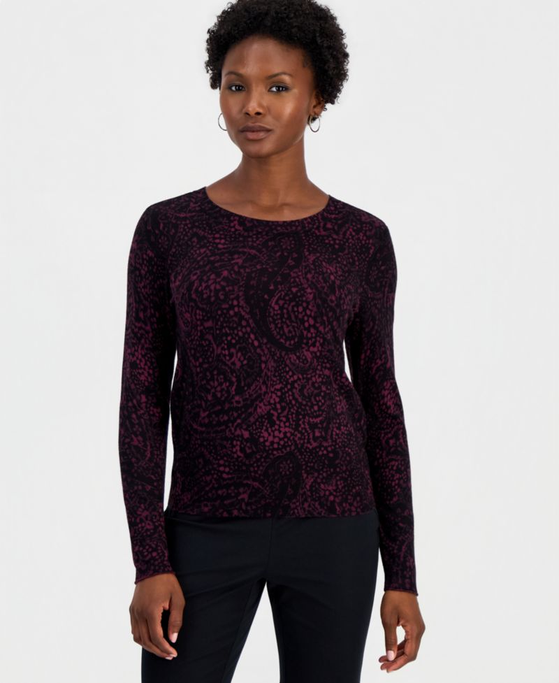 Petite Paisley Long-Sleeve Crewneck Sweater