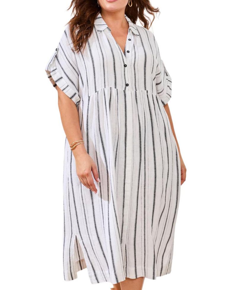 Plus Size Yarn Dye Stripe Flowy Shirt-Dress