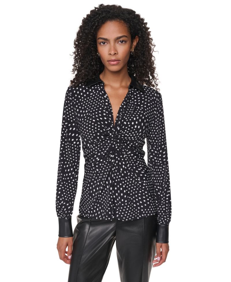 Women's Long-Sleeve Twist-Front Polka-Dots Blouse