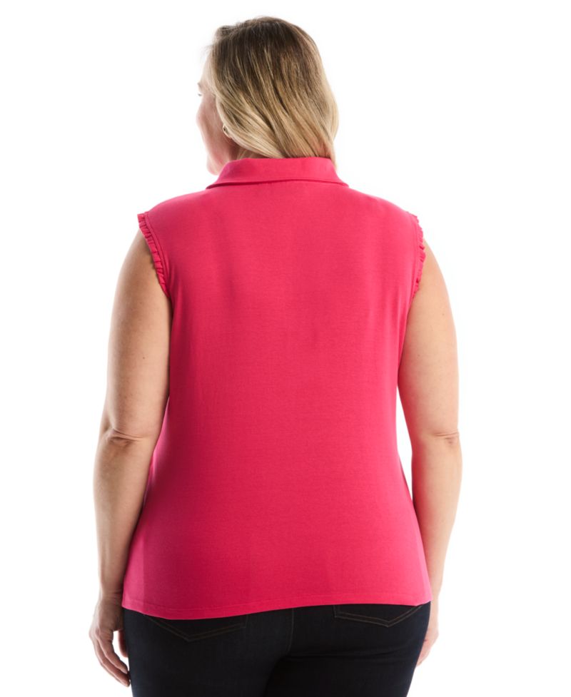 Plus Size Ruffle Trim Sleeveless Polo Shirt