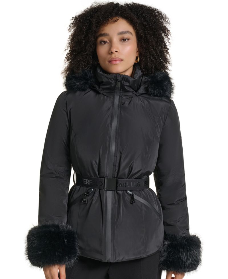 Women's Faux-Fur Trim Cuff and Hood Belted Puffer Jacket