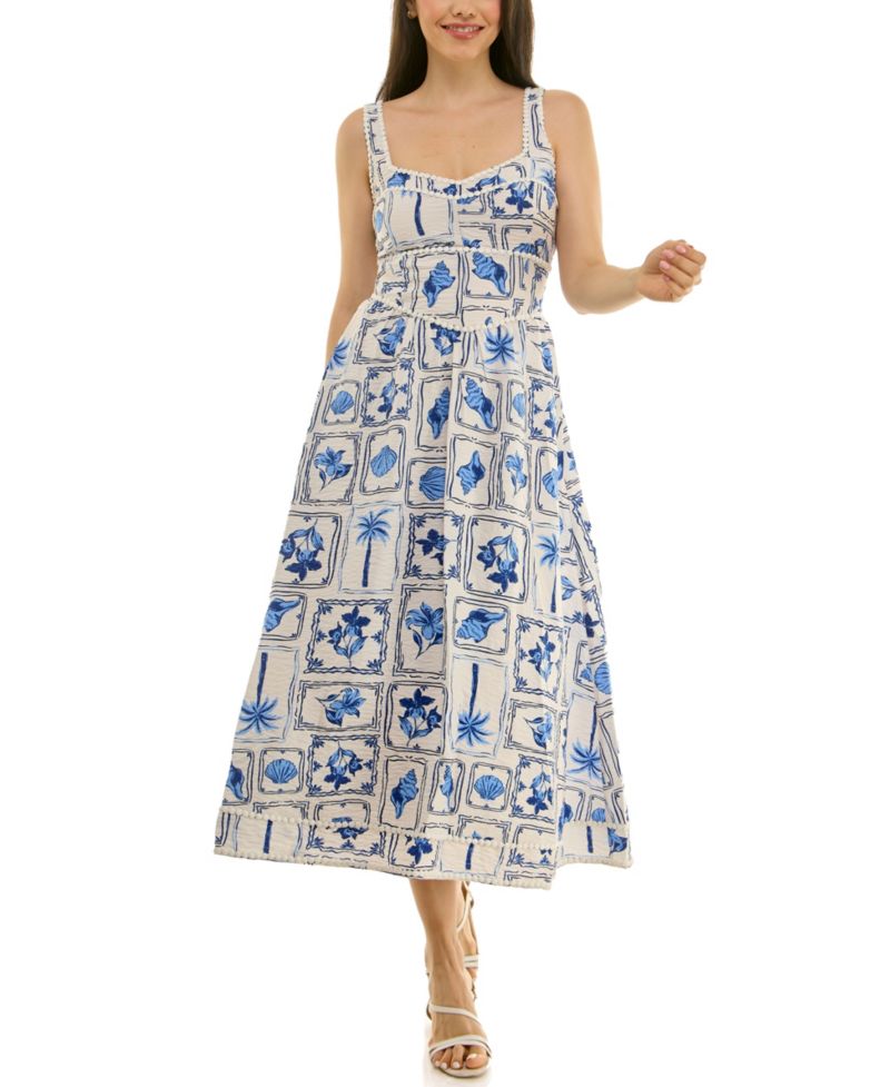Juniors' V-Neck Printed Midi Dress