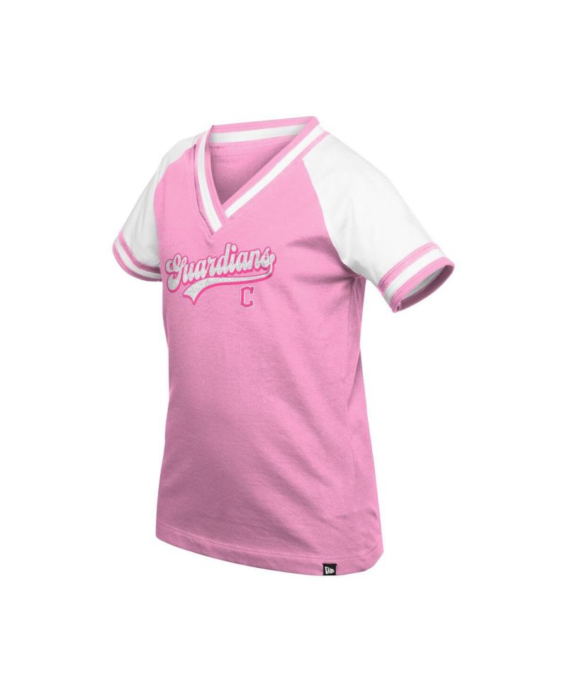 Big Girls Pink Cleveland Guardians Mommy Me Raglan V-Neck T-Shirt