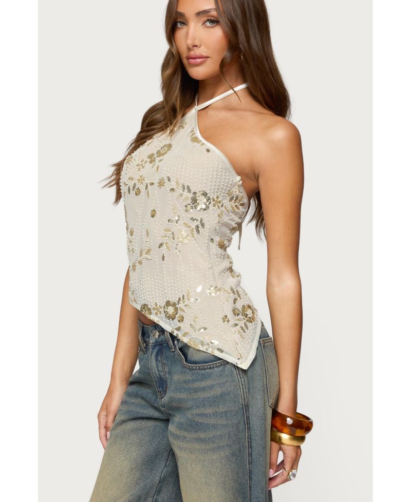 Womens Beaded Sequin Asymmetric Halter Top