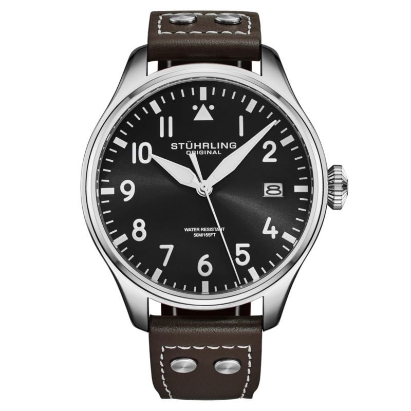 Airman 4078 Men s Quartz Pilot Watch, 43mm Alloy Case with Leather Strap