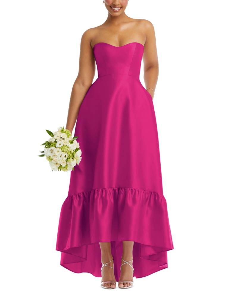 Women's Strapless Deep Ruffle Hem Satin High Low Dress with Pockets