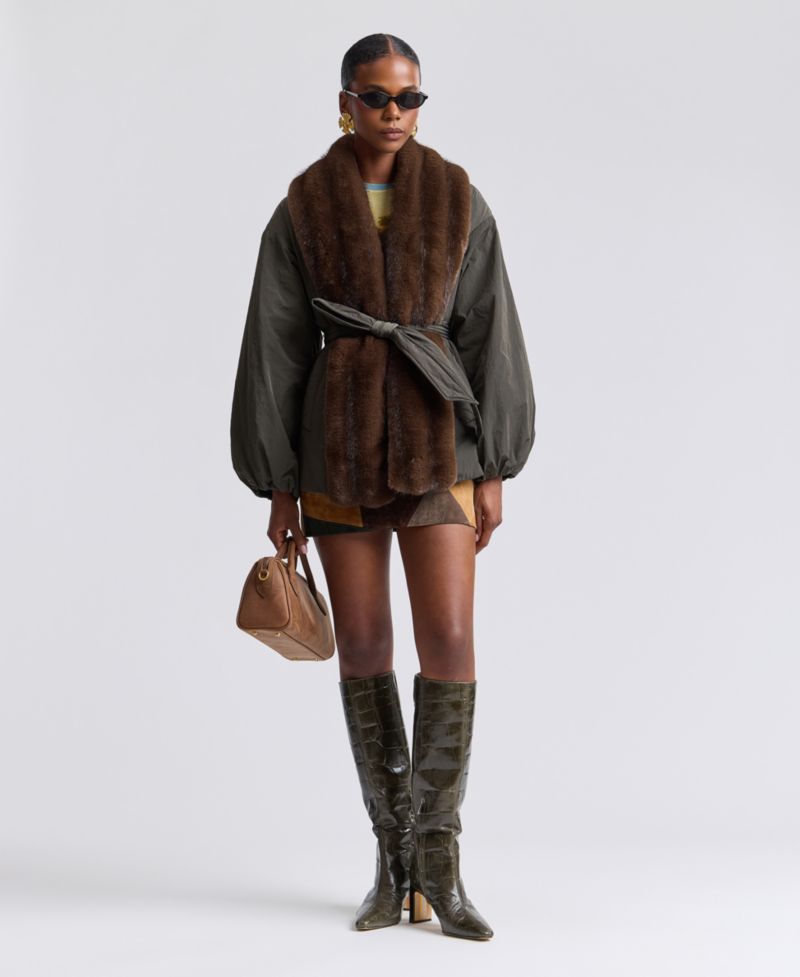 Women's Belted Faux-Fur-Trim Shawl Collar Puffer Jacket