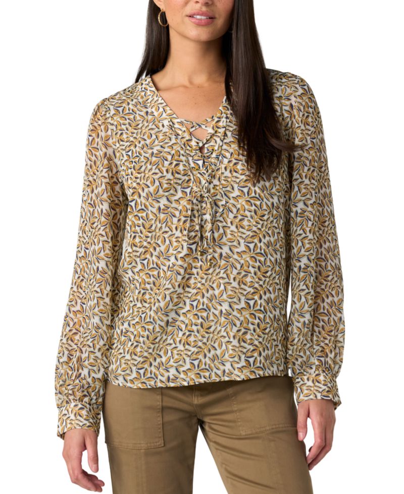 Women's Long-Sleeve V-Neck Lace-Up Front Blouse
