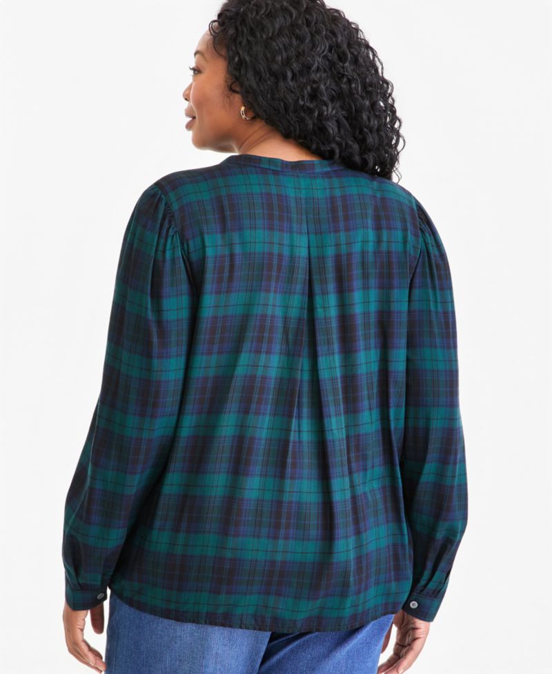 Plus Size Plaid Long-Sleeve Pleat Front Top