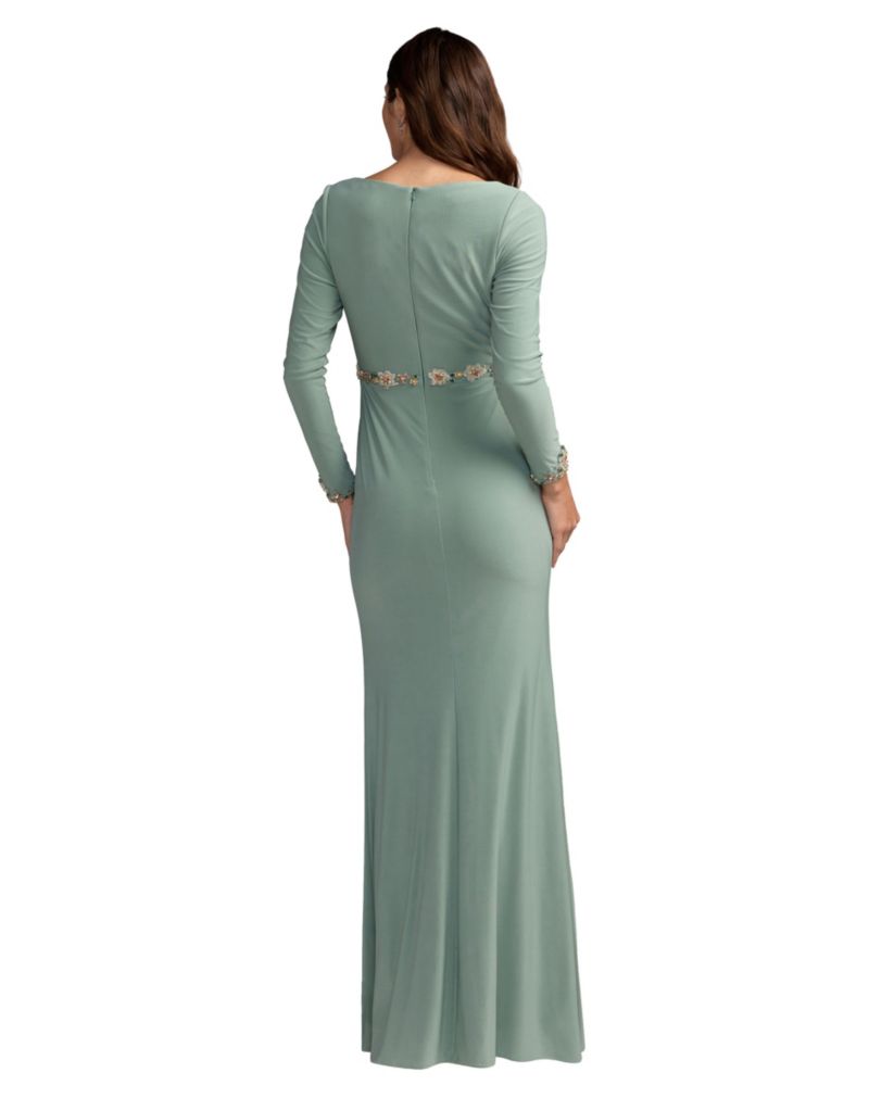 Women's Jersey Long Sleeve V-Neck Gown With Beaded Belt