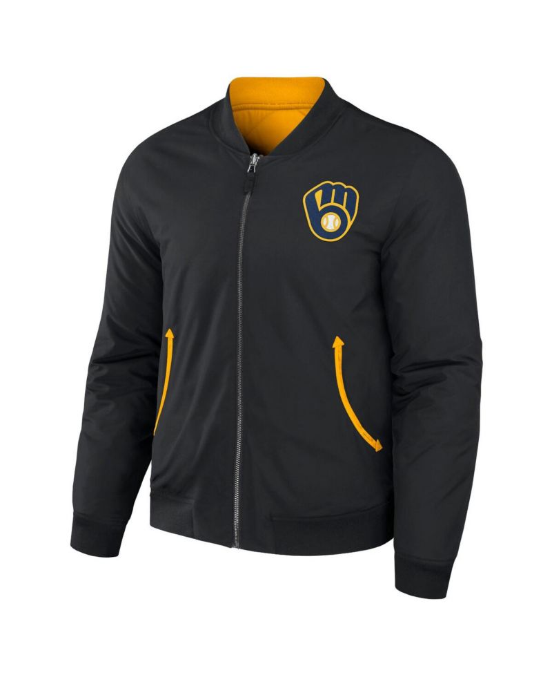 Men's Darius Rucker Collection by Black, Gold Milwaukee Brewers Reversible Full-Zip Bomber Jacket