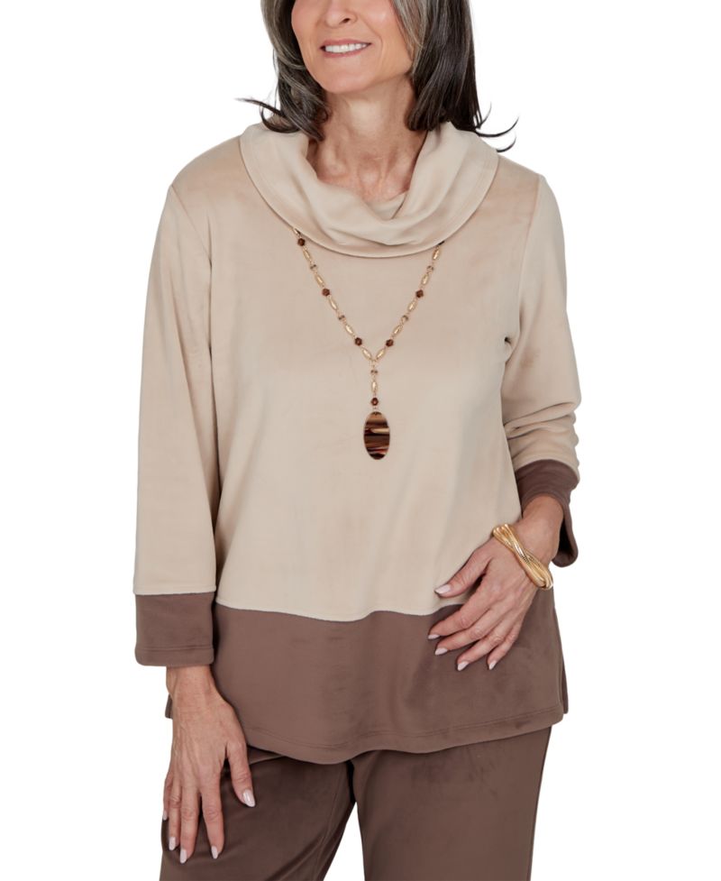 Petite Calm Luxe Colorblock Cowl-Neck 3/4-Sleeve Top