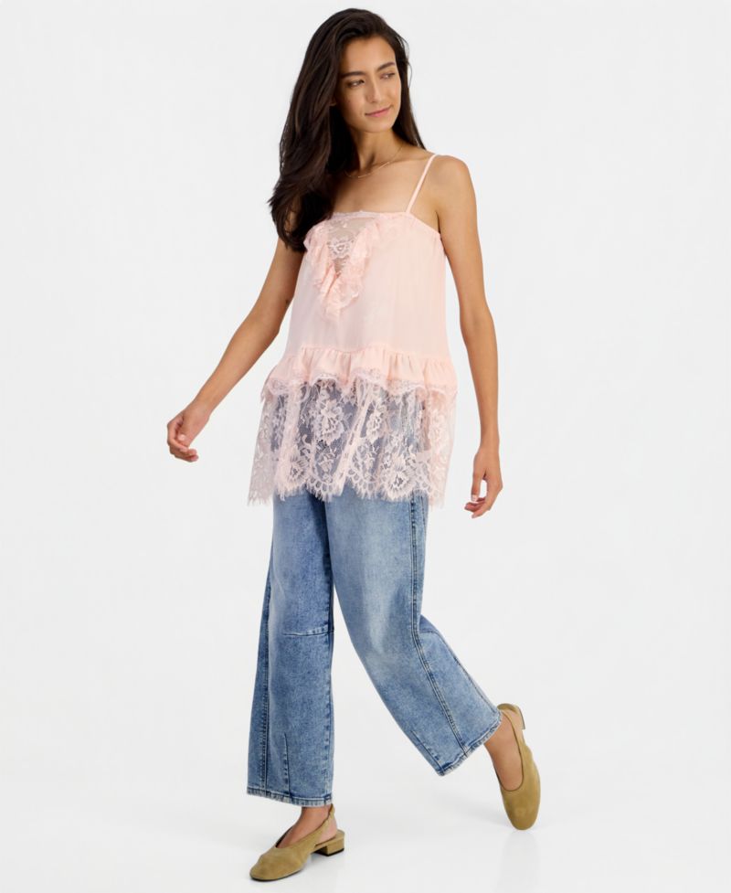 Plus Size Lace Trim Long Ruffle-Trim Camisole