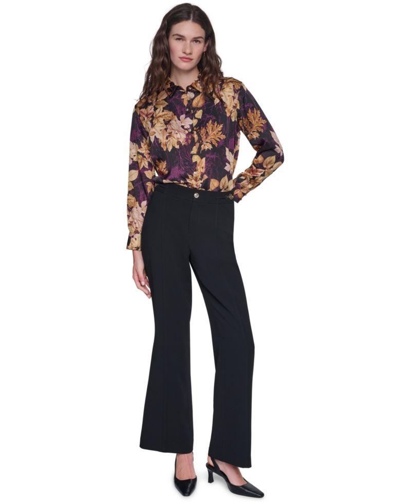 Petite Floral Printed Long-Sleeve Satin Blouse