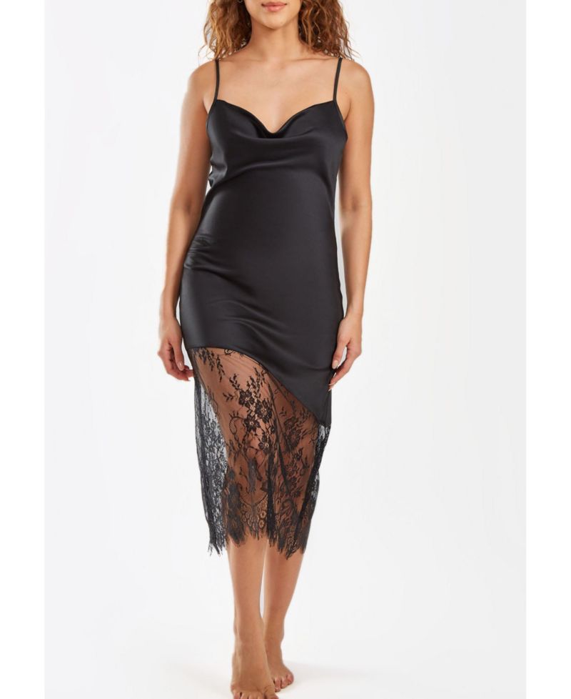 Women's Jeanie Satin Gown with Front Drape and Floral Lace Contrast