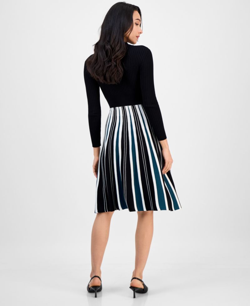 Petite Long-Sleeve Pleated-Skirt Sweater Dress