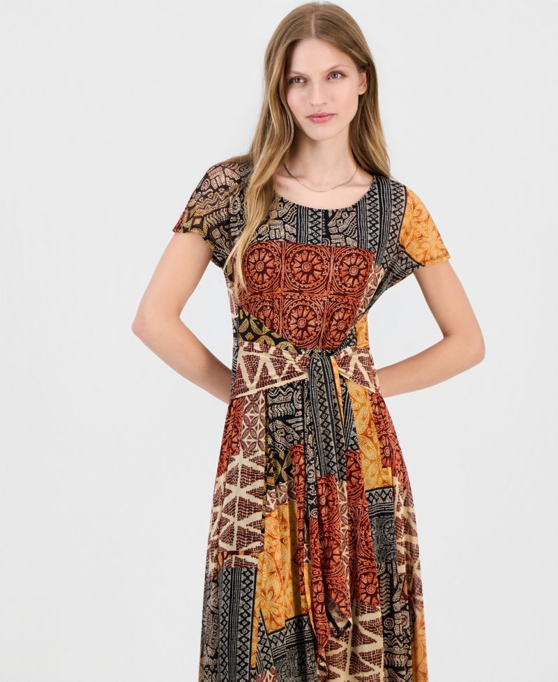 Women's Printed Extended-Sleeve Tie-Waist Dress