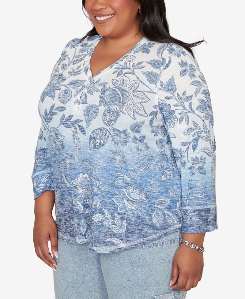 Plus Size Out of the Blue Ombre Batik Floral Henley Top
