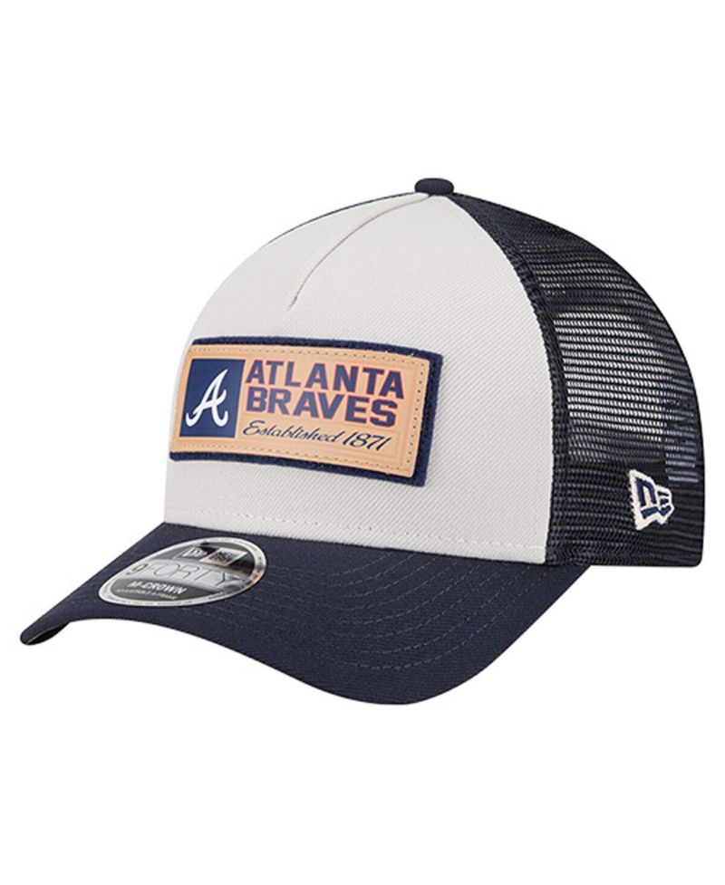 Men's Stone/Navy Atlanta Braves Text A-Frame Trucker 9FORTY Hat