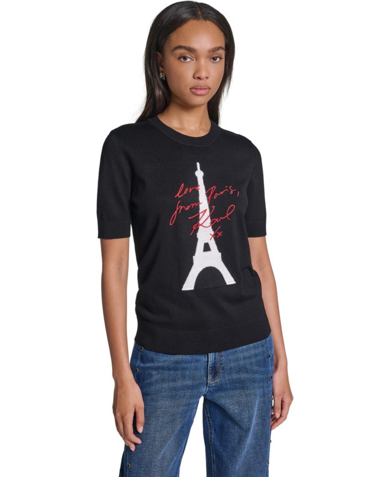 Women's Eiffel Tower Crewneck Short-Sleeve Sweater