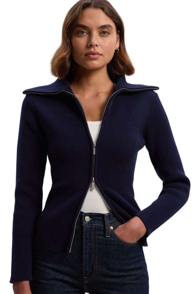 Women's Cotton Zip Through Collar Knit Cardigan