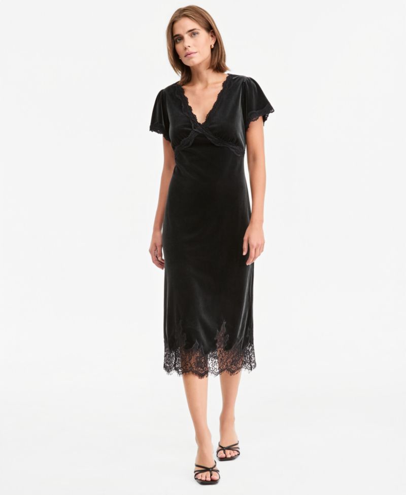 Women's Velvet Lace-Trim Midi Slip Dress