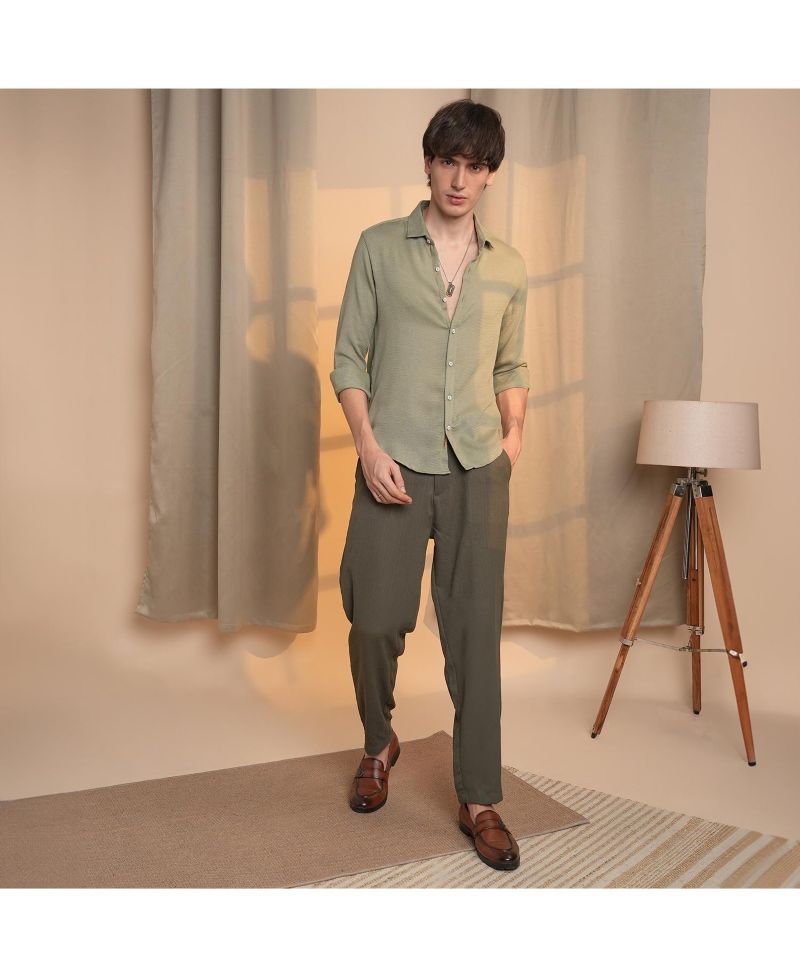 Men's Sage Green Woven-Textured Shirt