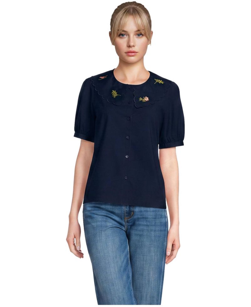 Women's Poplin Puff Sleeve Ruffle Collar Blouse