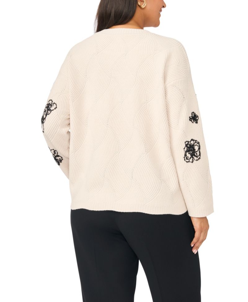 Plus Size Floral-Embroidered Long-Sleeve Crewneck Sweater