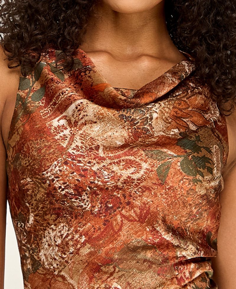 Juniors' Printed Cowl Neck Asymmetrical Ruffle Hem Short Dress